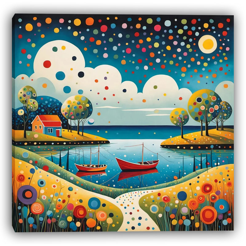 Colorful dots lake - cheerful modern landscape, 20" H x 20" W