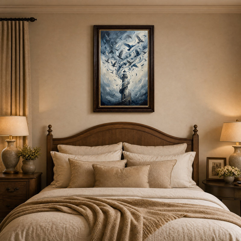 Art sur toile, tour de phare en spirale avec corneilles tourbillonnantes, H 18 po x l 12 po