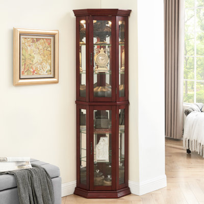 Cherry Tempered Glass Cabinet With Lights, Mirrored Back, Adjustable Lighted Corner Cabinet, Cherry, Shelves, Back