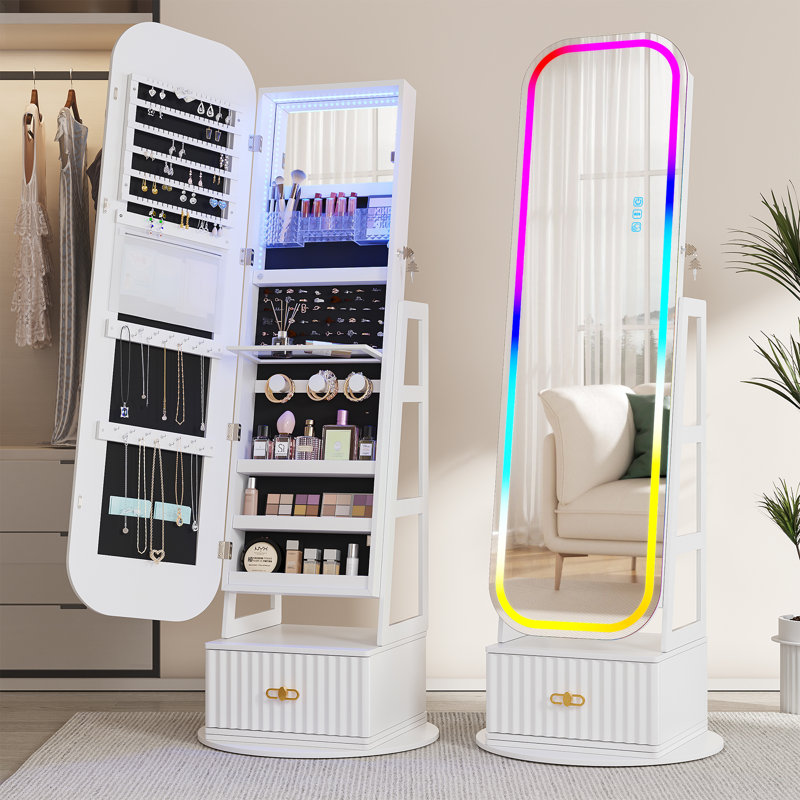 22"W Jewelry Armoire with Full Mirror, RGB Lights, Swivel Base, White