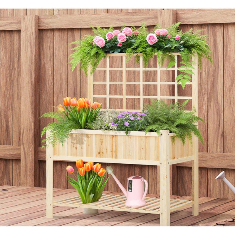 Rustic 2 - Tier Wooden Planter Box, Can Be Painted, Perfect For Balcony And Garden, 110Lbs Shelf Capacity Decorative Raised Bed With Design, Decorated Rattans, Suitable Growing Vegetables 330Lbs
