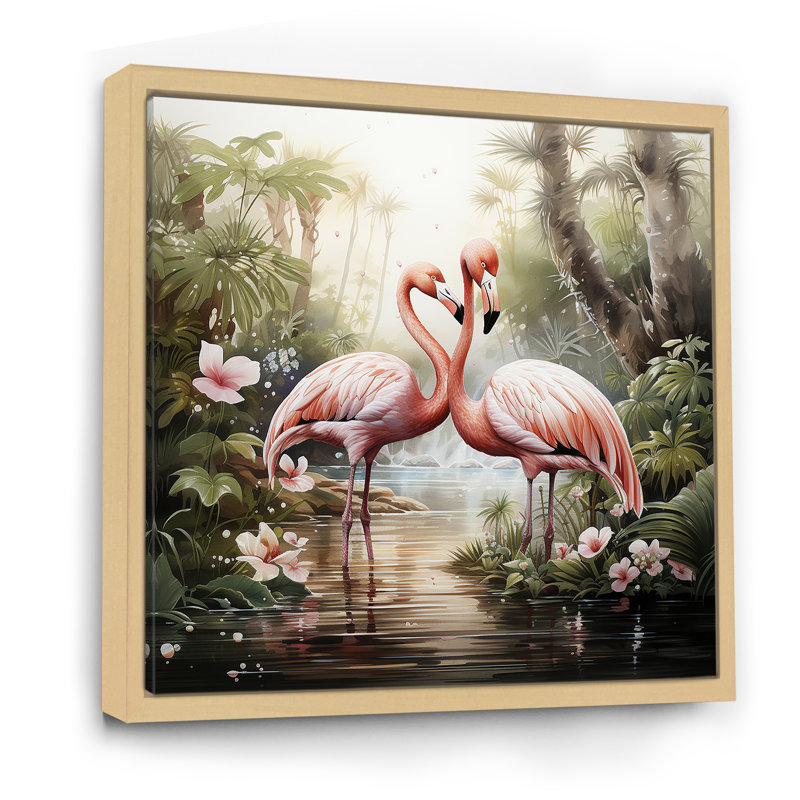 «Tropical Love», art mural flamants roses, Cadre flottant brun, H 16 po x l 16 po x P 1 po