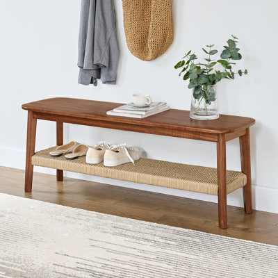 Alisma Bench with Storage Shelf - Calais Collection 48-Inch Entryway Bench - Solid Acacia Wood Mid-Century Modern Bench (Warm Chestnut)