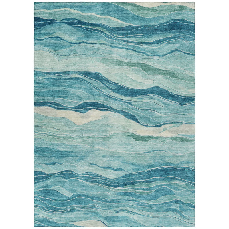 Turquoise and Blue Synthetic Flat Woven Washable Rug
