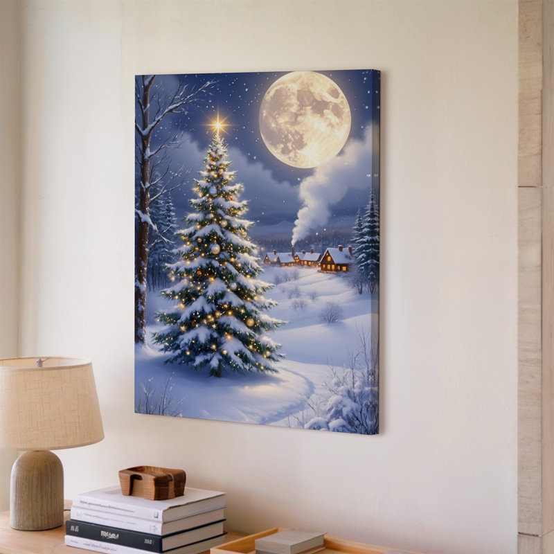 Toile, art serein d'hiver avec un arbre majestueux à feuilles persistantes, art mural orné de lumières scintillantes et d'une étoile brillante sur toile