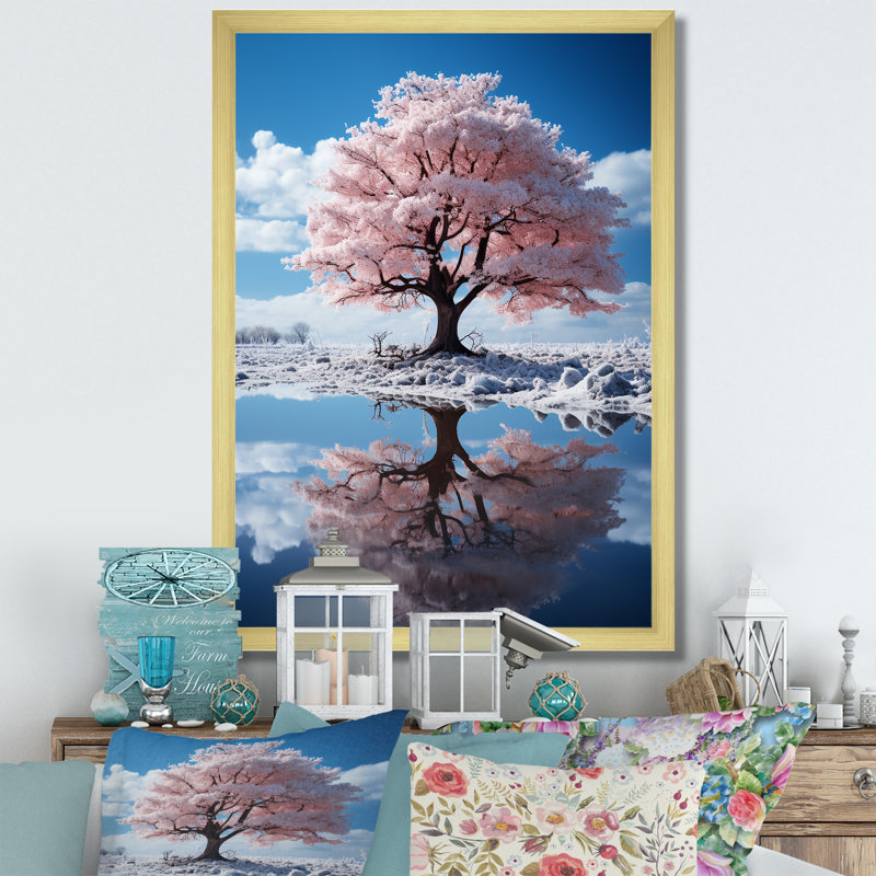 Dariush " Pink Tree Whimsical Reflections ", H 20 po x l 12 po x P 1 po, Encadrement doré
