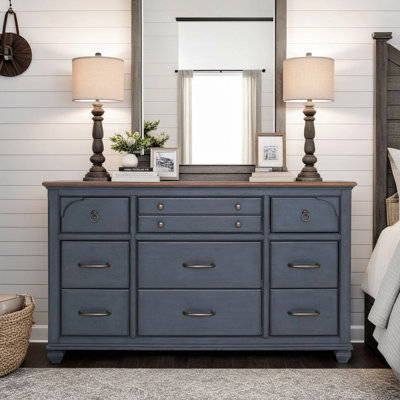 Commode 9 tiroirs Americana, aucun assemblage requis, finition bleu velours côtelé