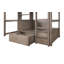 Lit mezzanine simple au-dessus d'un poste de travail moderne avec boîte de rangement attachée et bibliothèque, gris chaud