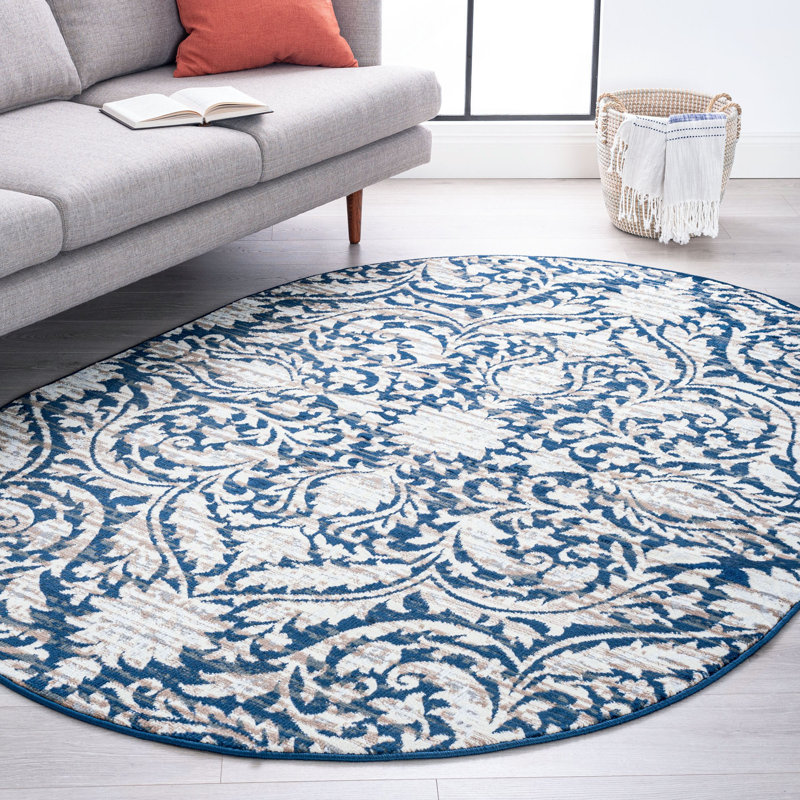 Tapis damassé bleu foncé Dania, Ovale 5 pi 3 po x 7 pi 3 po