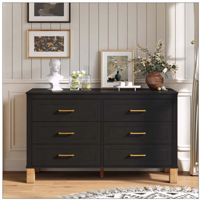Commode double 6 tiroirs, armoire de rangement moderne avec poignées en métal et pieds en bois massif