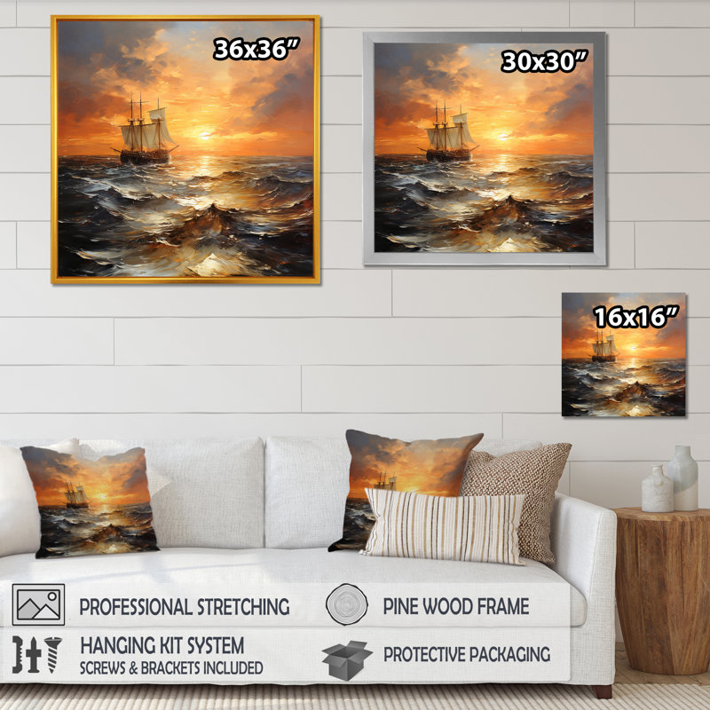 «Golden Boat Horizon Sunset II - Coastal Sunset», art mural, Cadre flottant doré, H 36 po x l 36 po x P 1,5 po