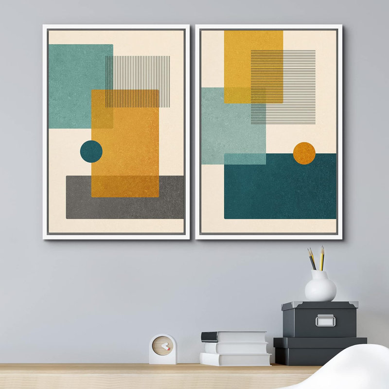 Abstrait, blocs de couleurs vibrantes, sarcelle et jaune, formes abstraites, moderne et chic sur toile, 2 pièces