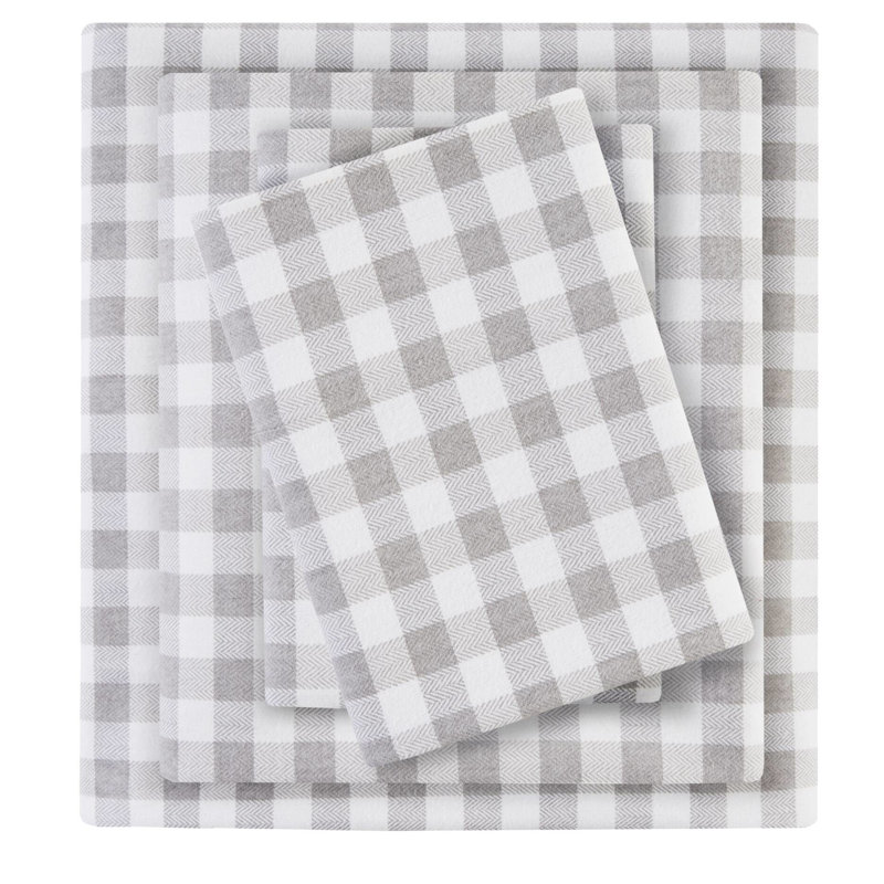 Grand drap imprimé 100% flanelle de coton 4 pièces à carreaux gris à chevrons et douillettes 2 taies d'oreiller douces et lavables à la machine