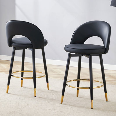 Chaise de bar rotative à 360 °. Chaise de bar rembourrée en polyuréthane moderne avec pieds en métal noir lisse et magnifique pour la salle à manger, la cuisine, la terrasse et la chaise de bureau d'invités. Ensemble de 2