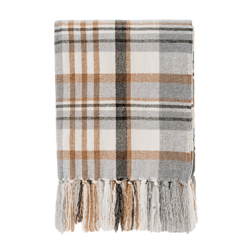 Jeté en chenille douce, L 80 po x l 60 po, Tissu écossais gris / beige chaud
