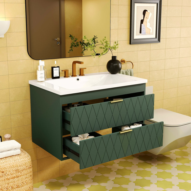 Meuble-lavabo mural 30 po avec lavabo en résine, armoire de rangement flottante avec 2 tiroirs, armoire de salle de bain en bois massif