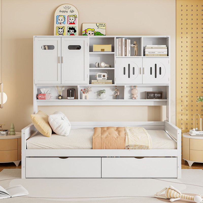 Lit de jour en bois avec 2 tiroirs, armoire et tablette tout-en-un, Lit simple, Blanc