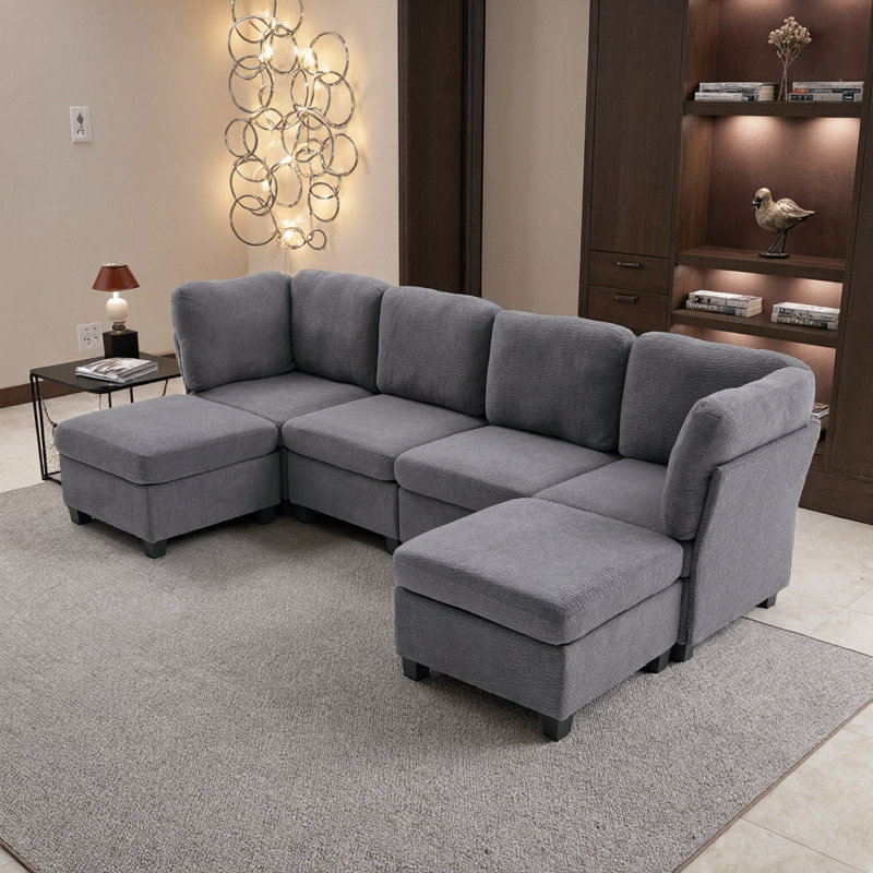 Canapé modulaire 6 places avec repose-pieds et méridienne en forme de U United We Win, Polyester gris