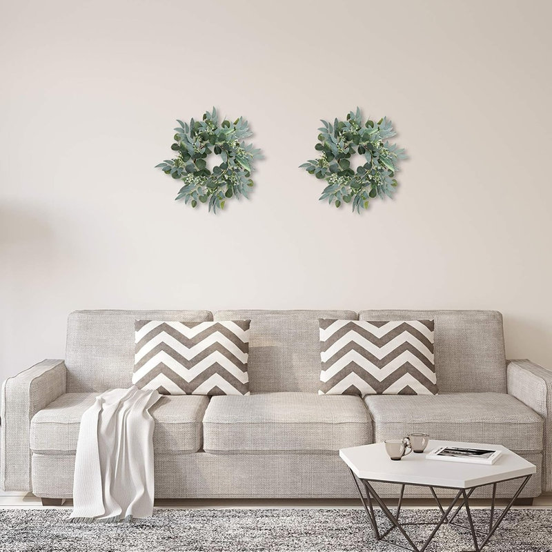 Artificial Eucalyptus Wreath – Green With White Flowers – 15-Inch, Spring/Summer Home Decor For Door, Wall, Or Window