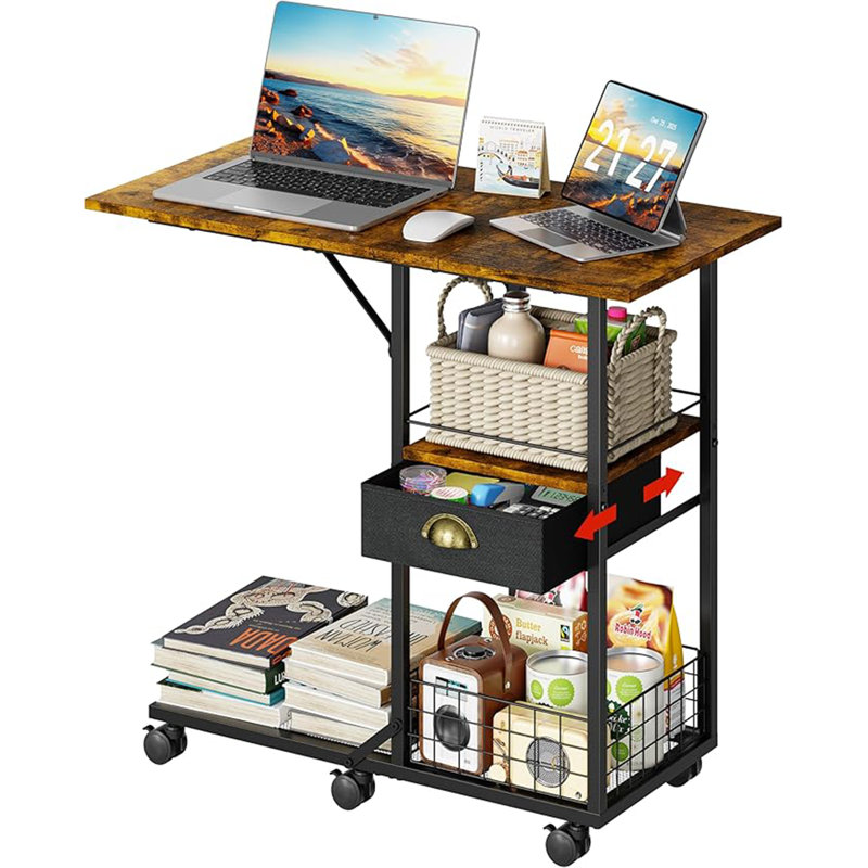 Table basse roulante avec plateau en bois surdimensionné à double largeur, plateau de télévision mobile avec tiroir de rangement et roulettes pour canapé, table d'appoint portable pour le salon, bureau personnel, bureau spacieux pour travailler