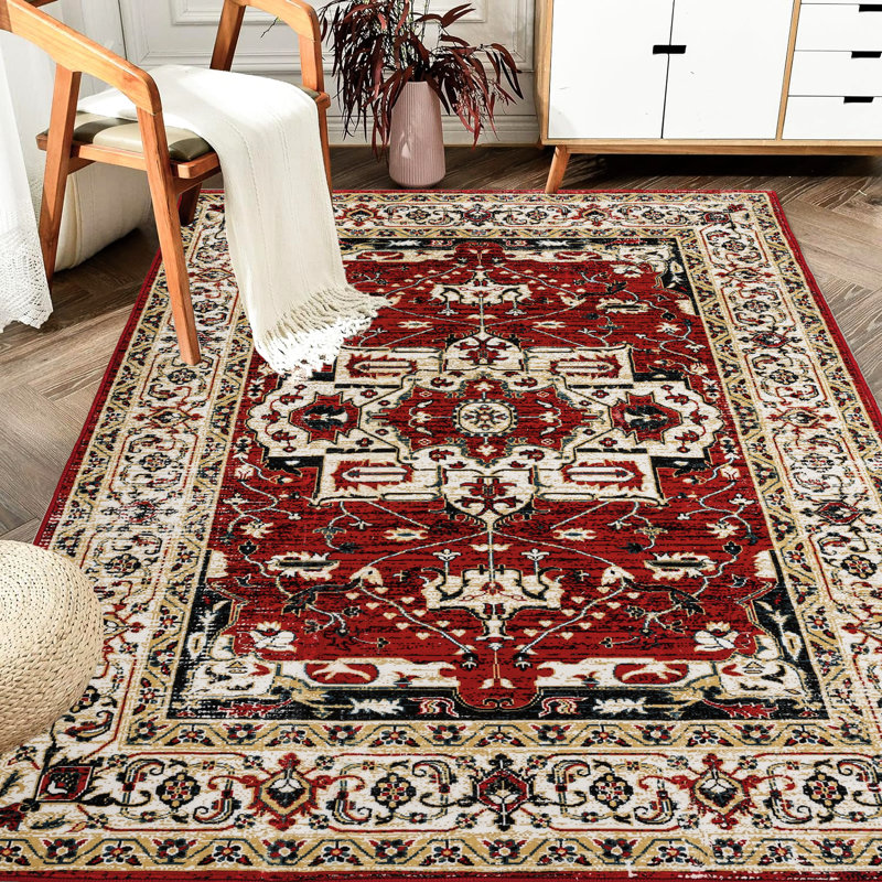 6x9 Area Rug, Vintage Non-slip Washable, For Kitchen Living Room Bedroom, Yellow/red Flower Rug 6x9, , Washable Yellow Red Pattern