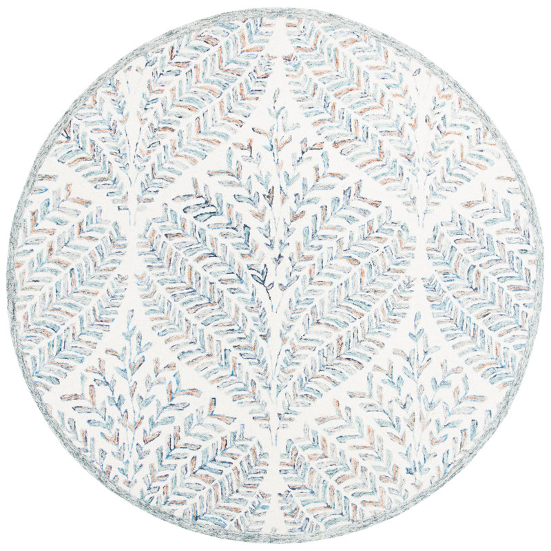 Ikat Handmade Tufted Wool Ivory/Blue Area Rug, Round 7'