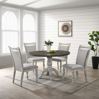 Ensemble de salle à manger 5 pièces Geovany Iris, table à piédestal ronde avec 4 chaises, blanc vieilli et gris