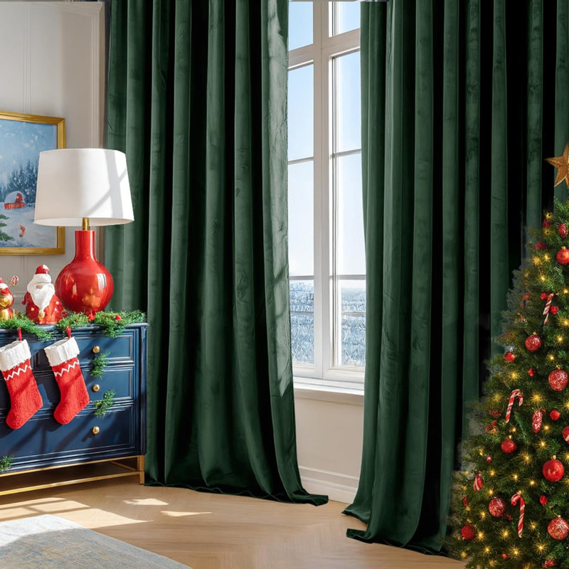 Velvet Room Darkening Curtain Panel Pair, Green, 168cm Width x 229cm Drop