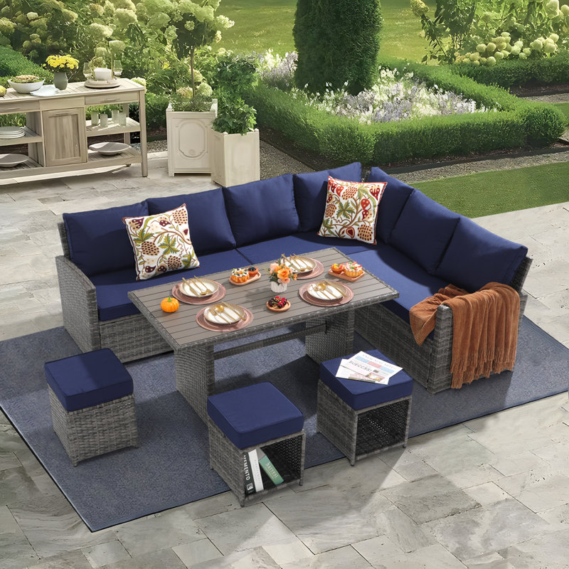 Atvars 8-Person Wicker Outdoor Sectional Seating Group with Storage Ottomans, Navy