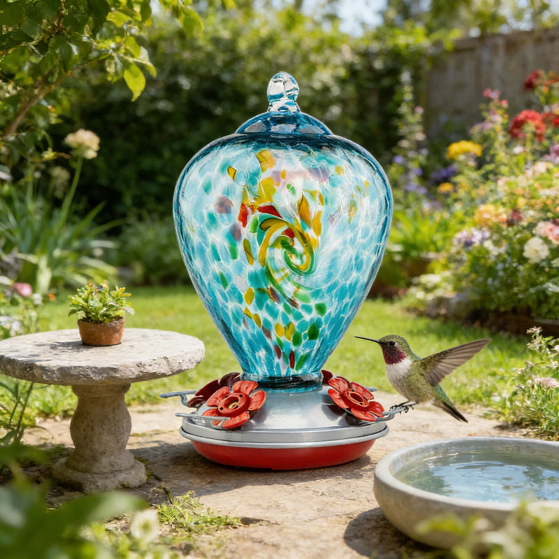Blown Glass Hummingbird Feeder With Ant Moat And Bee-Proof Base, Handmade Recycled Glass Garden Decor, 34 Ounce Capacity With Leak-Proof And Rust-Resistant Design