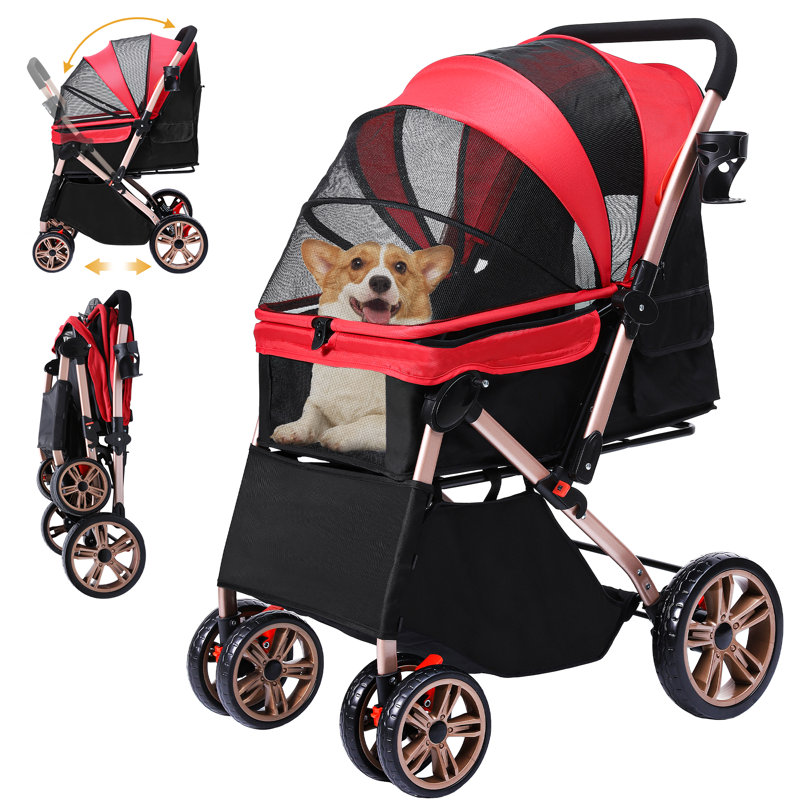 Foldable Pet Stroller For Small And Medium Dogs, Red