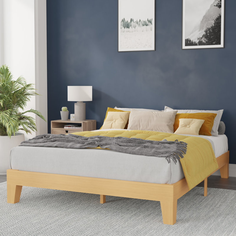 Natural Pine Queen Platform Bed Frame with Wooden Slats