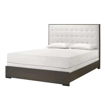 Contemporary Upholstered Queen Panel Bed With Headboard, Gray And Beige Theme Size Button Headboard Slats, Upholstery