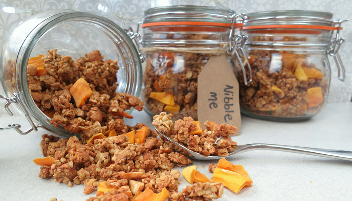 This sweet and nutty granola recipe is the perfect gift to include in a homemade Christmas hamper.