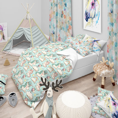 Pattern with Cute Unicorns and Clouds - Modern Holiday Duvet Cover Set - Microfiber Polyester