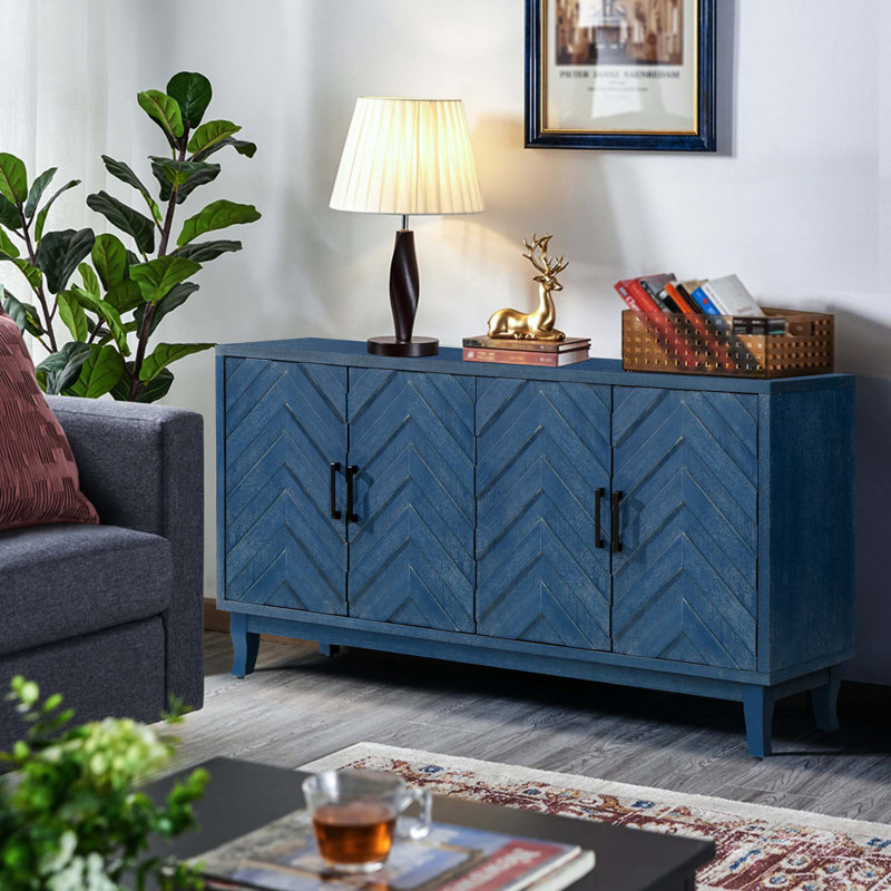 Crédence à 4 portes Retroy - Buffet de rangement bleu marine 60 po avec portes à panneau en forme de M, base