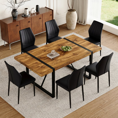71'' Wood Dining Table Set, 7-Piece Modern industrial Rectangular Wood Dining Set with Upholstered Chairs