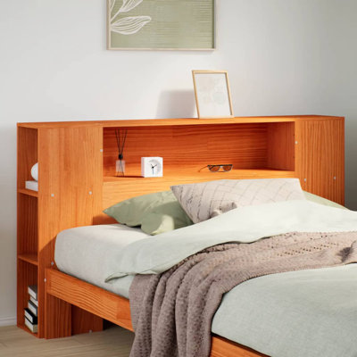 Headboard with storage space in wax brown 200cm solid pine wood
