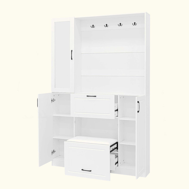 Entryway Bench With Integrated Shoe Cabinet , 3-In-1 Design And Mirrored Cabinet Door, Hall Tree With 4 Sturdy Hooks And Foldable Seat For Entrance, Living Room