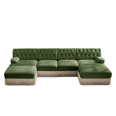 4-Seater With 2 Ottomans Cloud Modular Sectional, Tassel Skirt, Button Tufted Design, High-Density Foam, Ergonomic, Wooden Base, Green