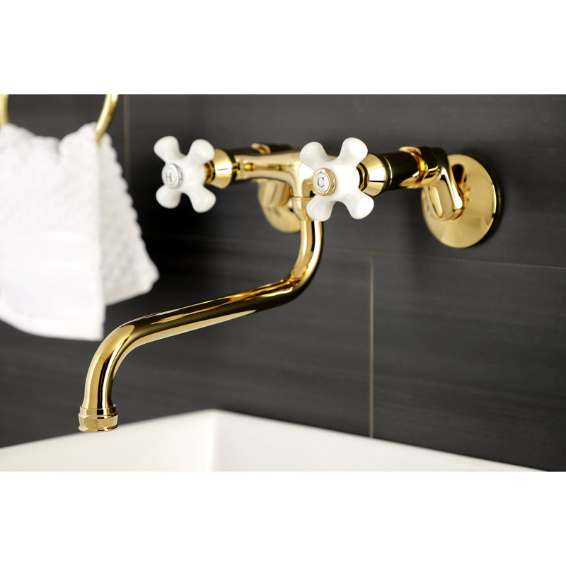 Kingston Brass Kingston Two-Handle 2-Hole Wall Mount Bathroom Faucet, Polished Brass, Cross Handle