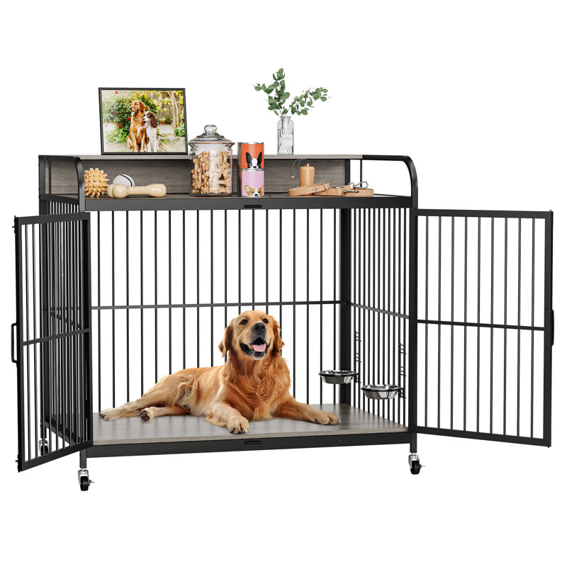 Mobilier de cage pour chien, cage pour chien d'intérieur avec mangeoire rotative à hauteur réglable, Gris