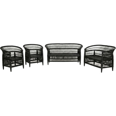 100% Handwoven Natural Rattan 4-Piece Indoor Seating Set with 2 Chairs, Loveseat, and 3-Seater Settee, Solid Wood Frame, Boho Farmhouse, Authentic Afr