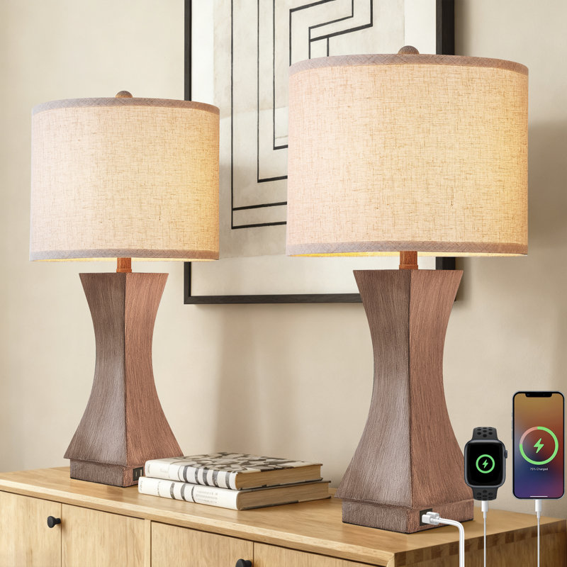 24.5'' Modern Dimmable Resin Table Lamp With Usb Port For Living Room/Bedroom, Woodgrain Brown