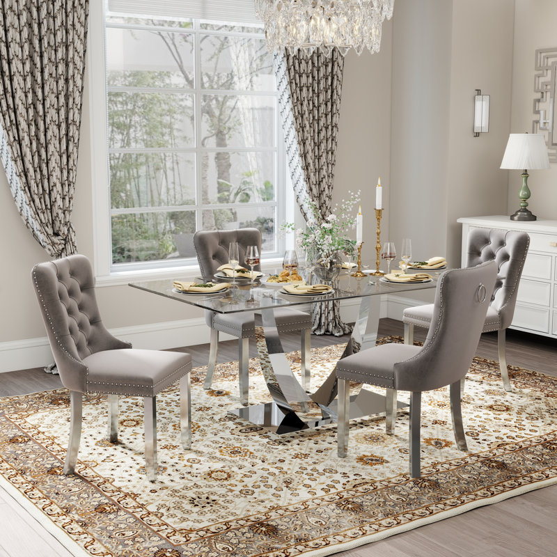 Kelisia 4 - Person Pedestal Dining Set, 30"H x 63"L x 35.4"W, Silver, Gray