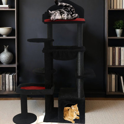 Mobilier pour chat avec élégance foncée, lit épaissi et surfaces de grattage renforcées au design noir, maison effrayante, coussin épais