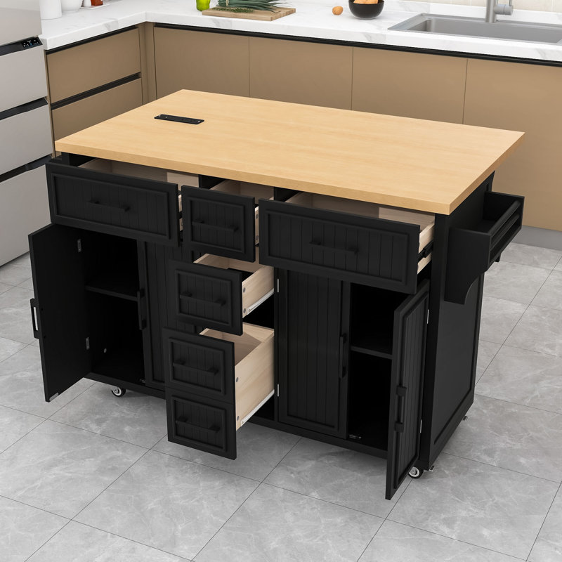 Rolling Kitchen Island with Drop Leaf, 5 Drawers, Adjustable Shelves and Power Outlet, Black