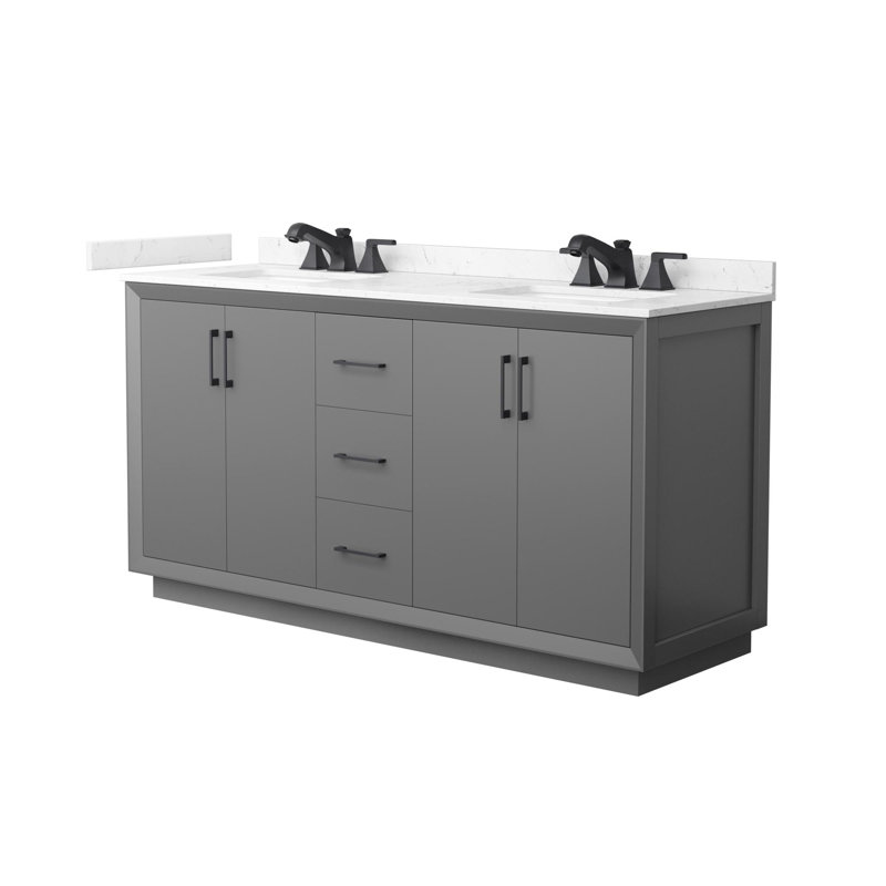 Strada 66" Freestanding Double Bathroom Vanity with Cultured Marble Top, Gray, Matte Black