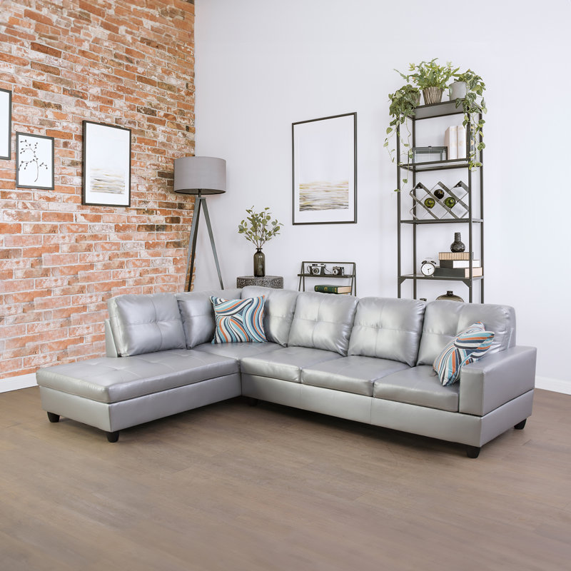 Andrella Faux Leather L-Shaped Sectional, Gray Leather, Left Hand Facing