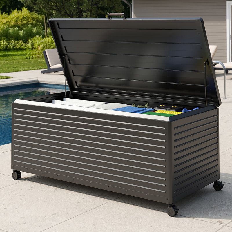 281 Gallon Large Outdoor Metal Deck Box with Wheels, 27.6'' H x 72'' W x 35.2'' D, Charcoal